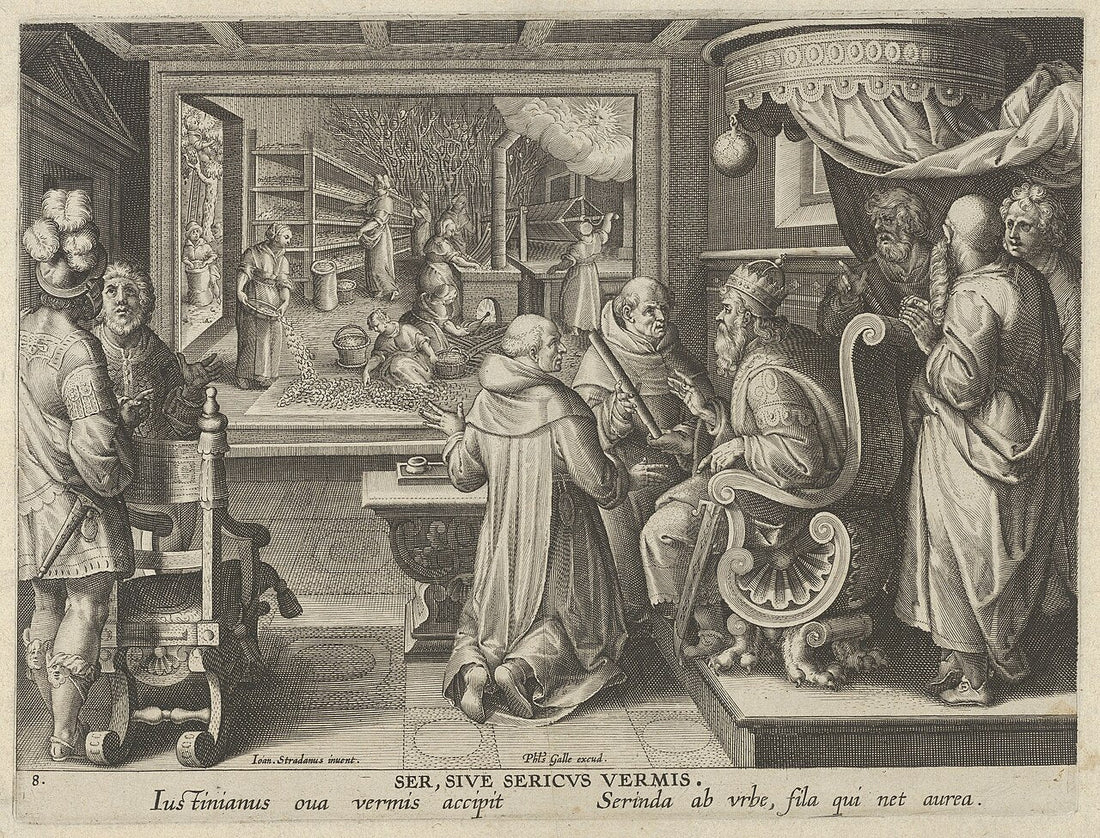 Historischer Kupferstich zur Seidenproduktion im 16. Jahrhundert, Nova Reperta von Jan van der Straet