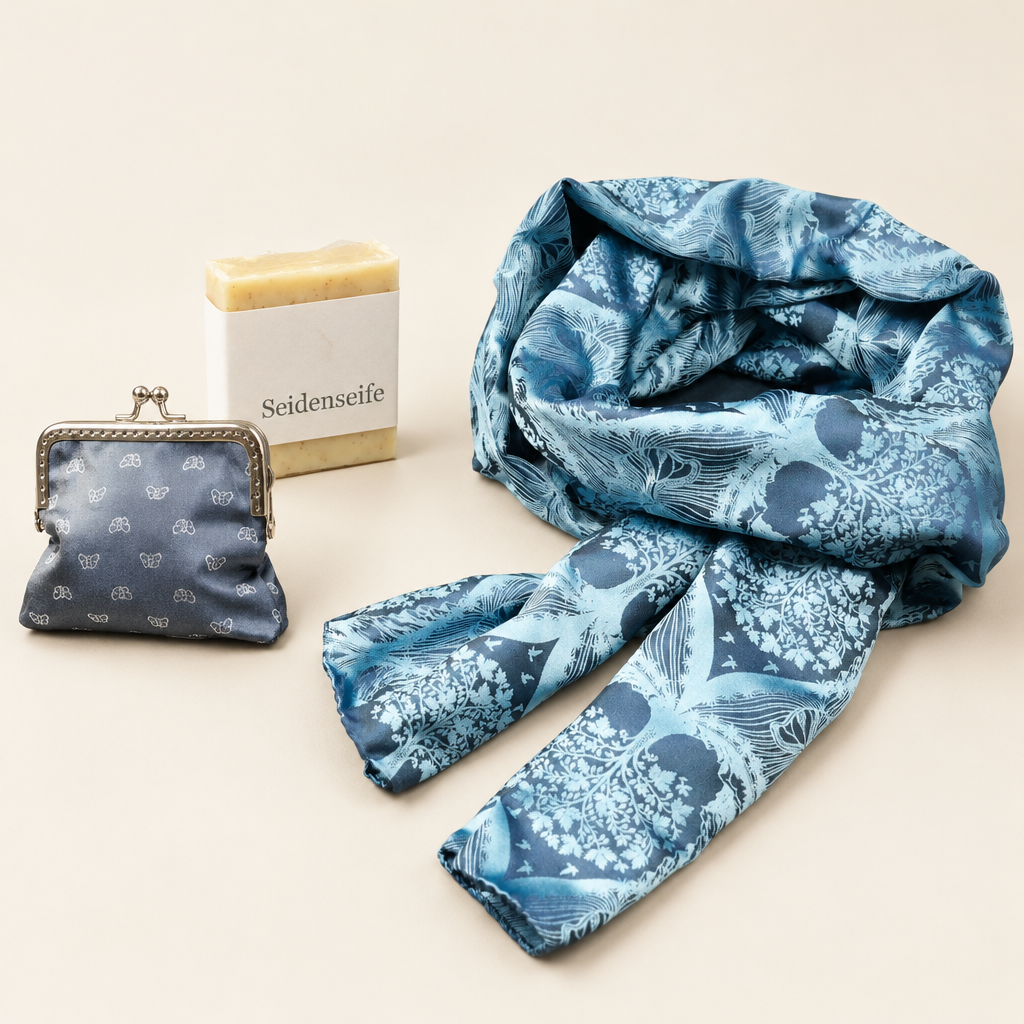 Geschenkkollektion mit dem zusammengerollten blauen Schal, Seidenseife und Portemonnaie