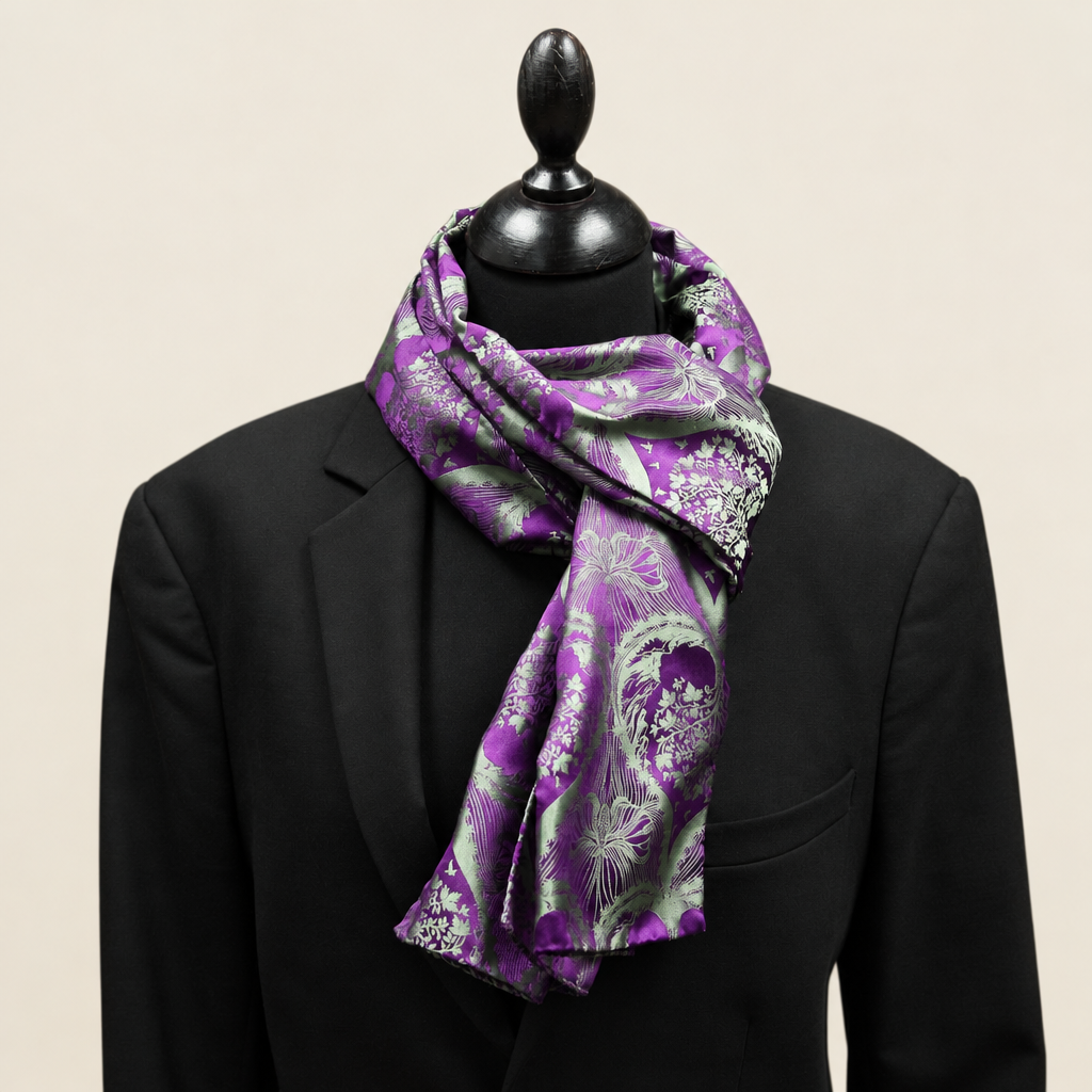 Seidenschal in Violett und Hellgrün mit eingewebtem Scherenschnittmotiv, getragen über einem schwarzen Blazer auf einer Schneiderpuppe vor cremefarbenem Hintergrund.