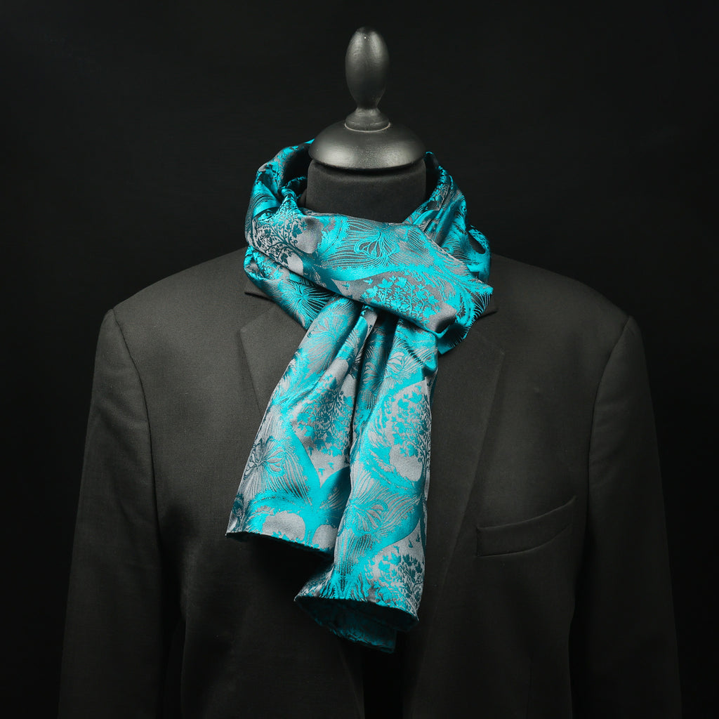 Silk Scarf Jacquard Silhouette Sericulture (Light Grey-Turquoise)