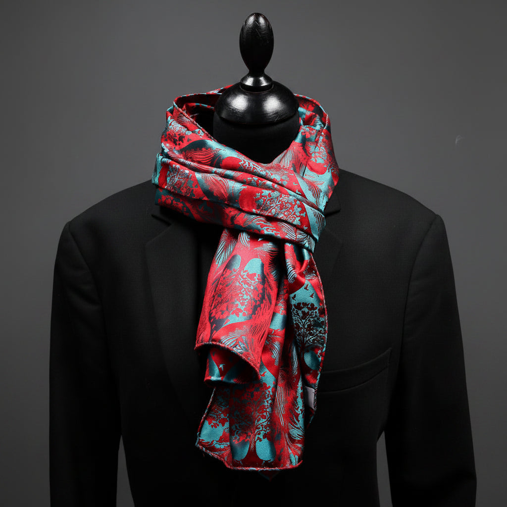 Jacquard Silk Scarf Scherenschnitt Sericulture (Petrol-Red)
