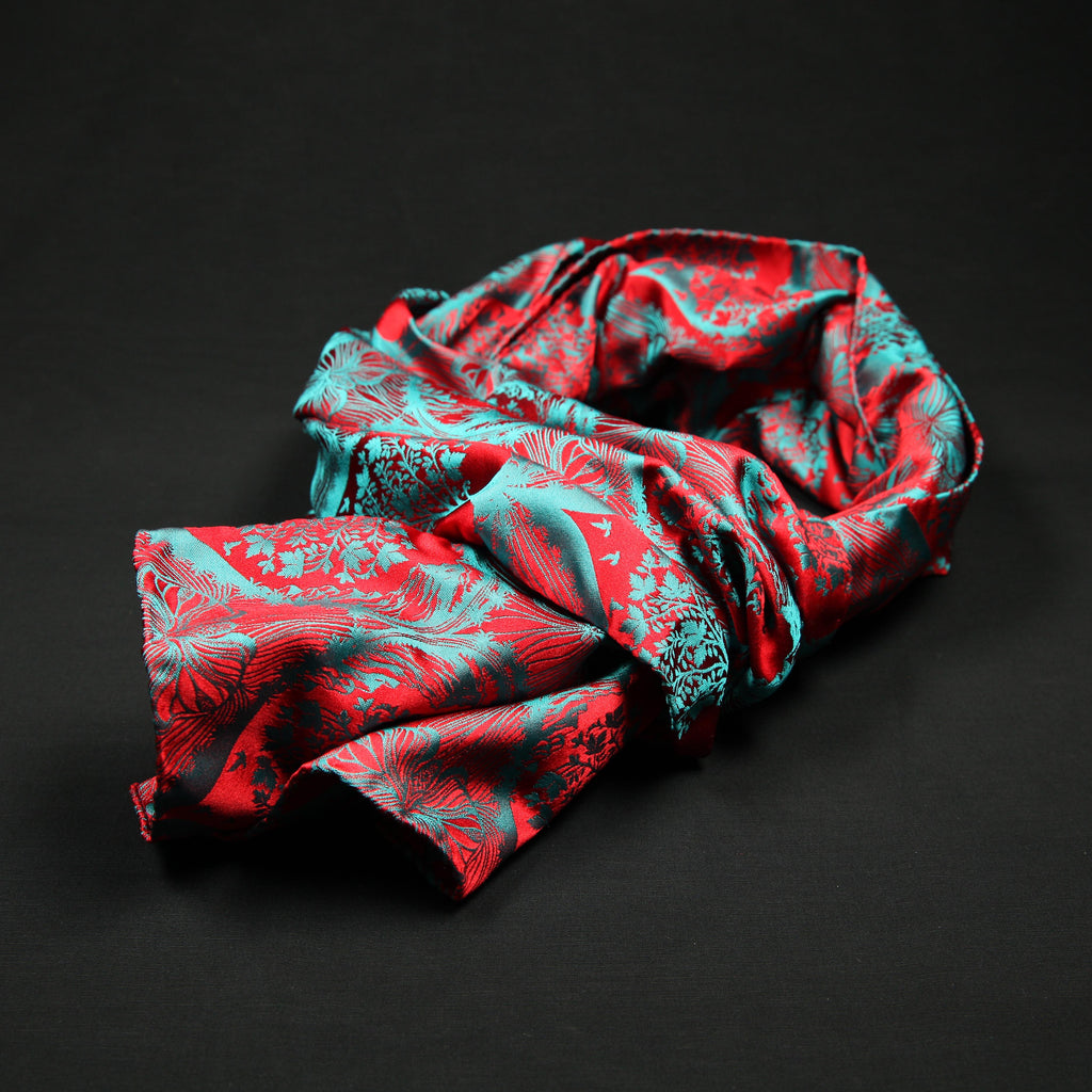 Jacquard Silk Scarf Scherenschnitt Sericulture (Petrol-Red)