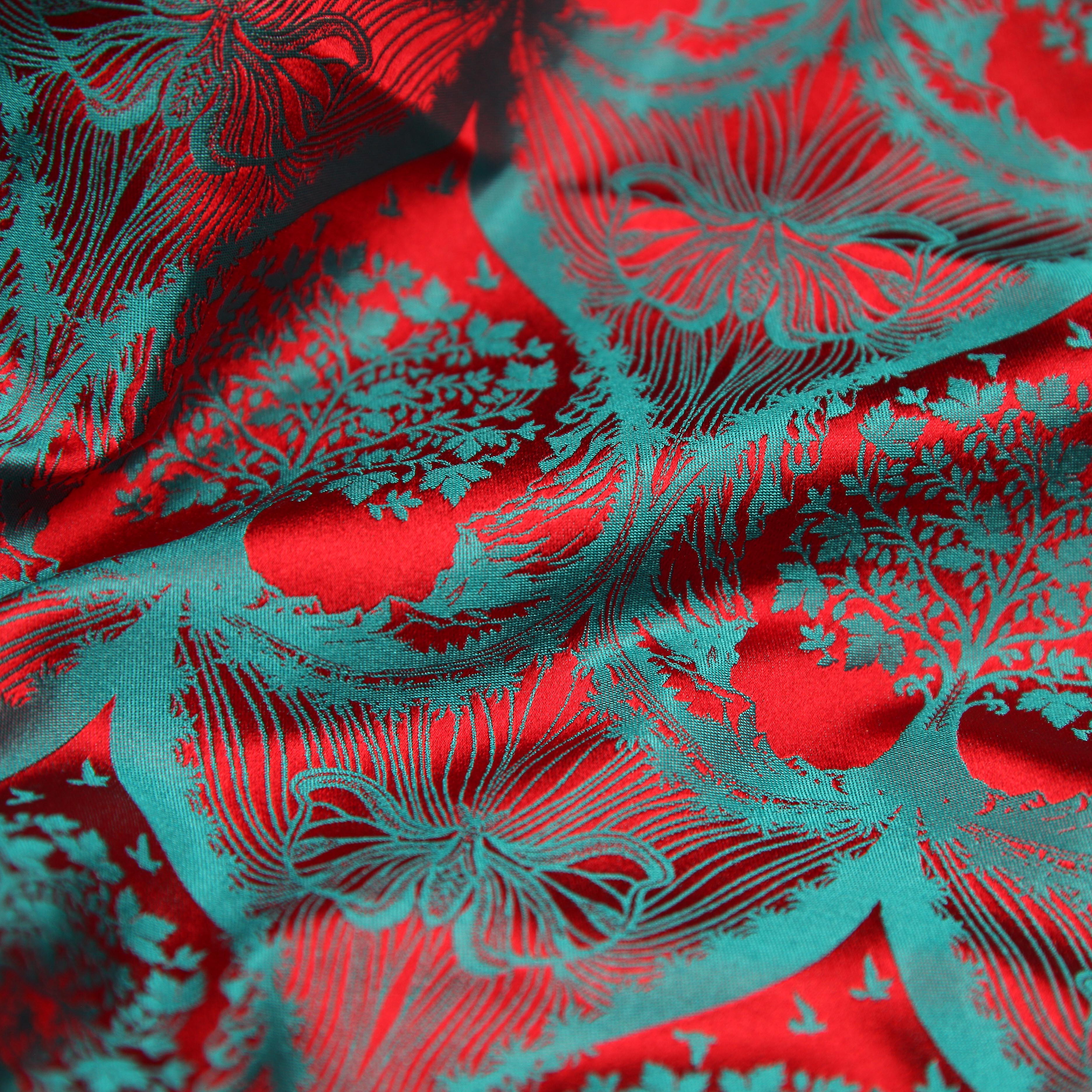 Jacquard Silk Scarf Scherenschnitt Sericulture (Petrol-Red)